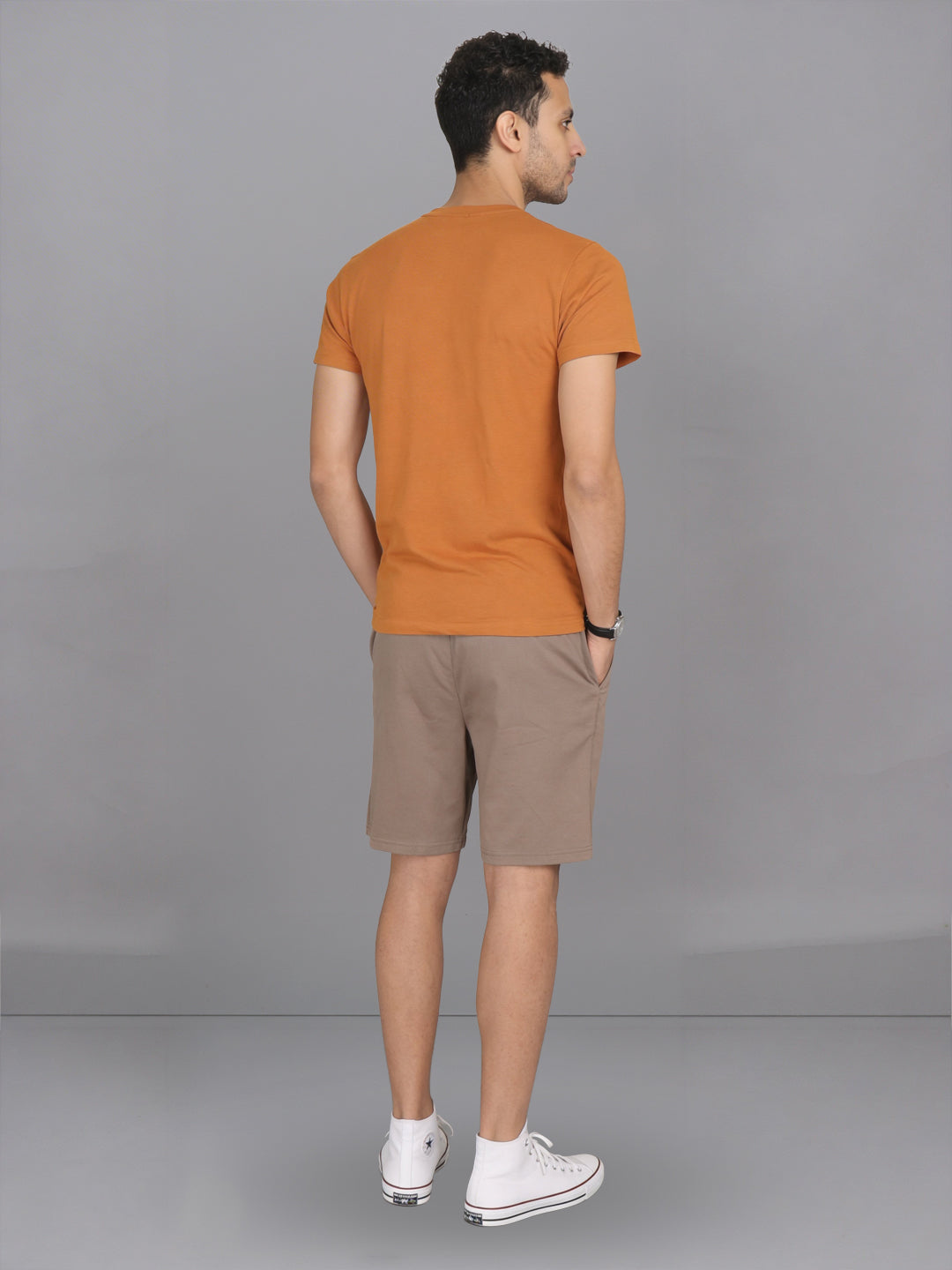 Men Mustard Crew neck T-Shirt with Taupe Shorts Combo ES9