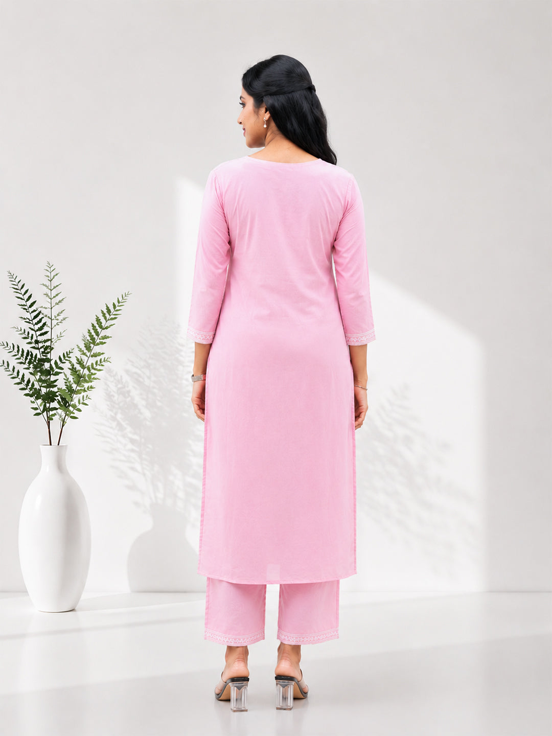 Women Cotton Embroidered Baby Pink Kurti Set EKS140