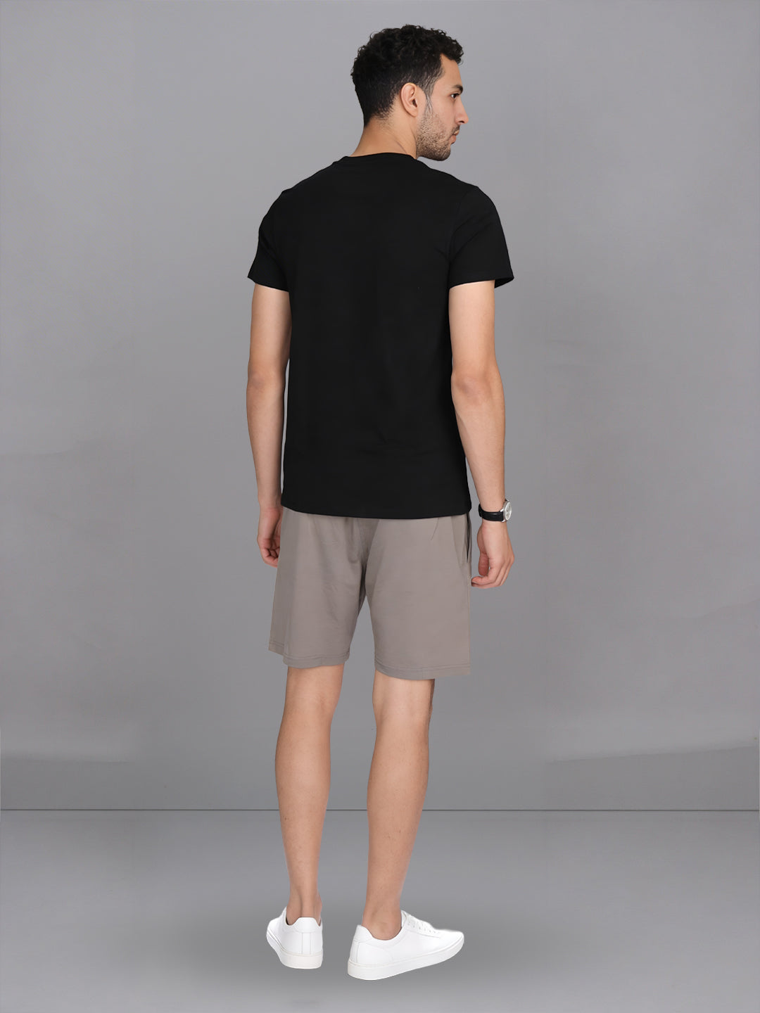 Men Black Crew neck T-Shirt with Taupe Shorts Combo ES9