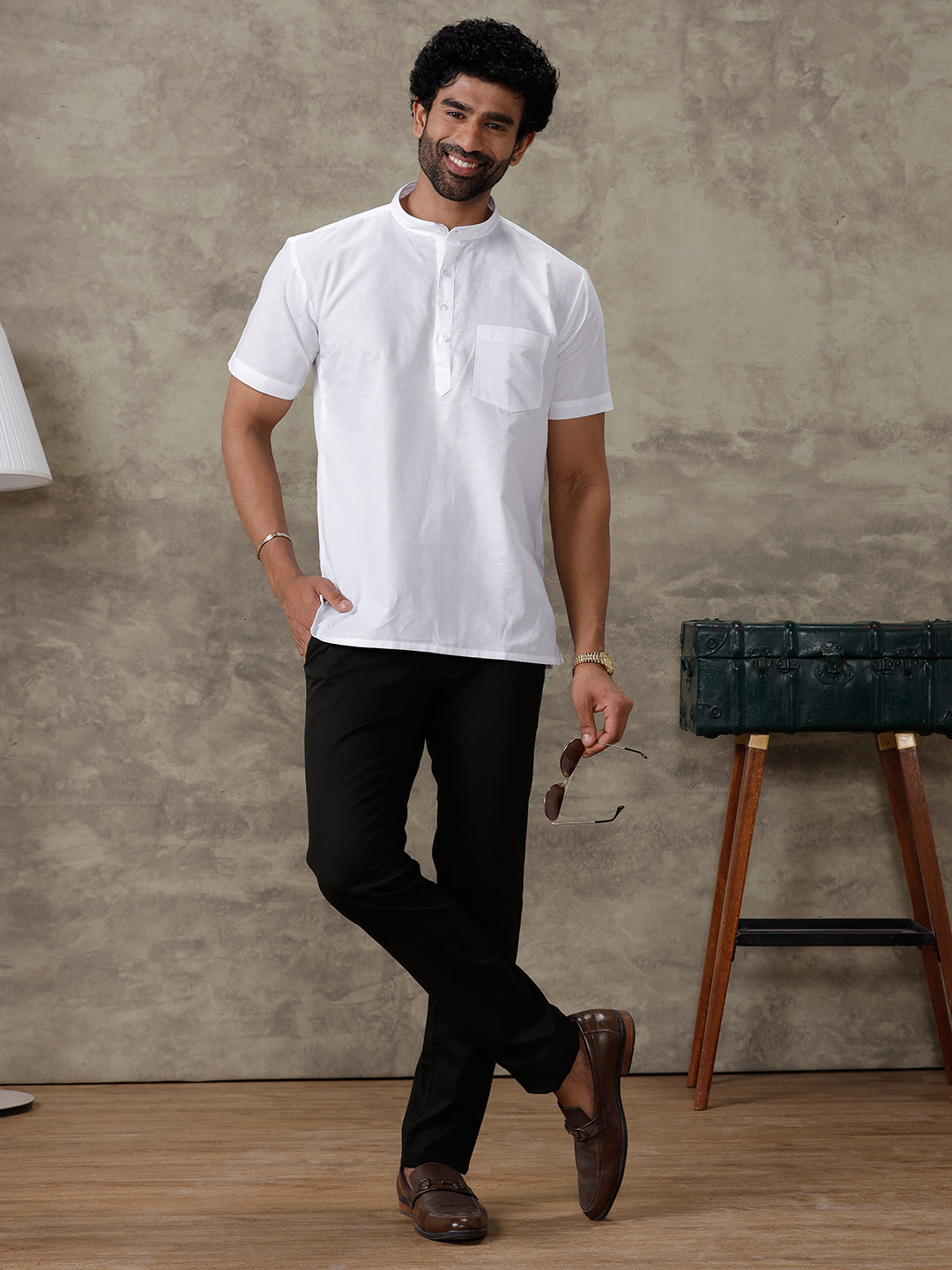 Men Linen Cotton Short Length Plain Pocket Kurta White MW2