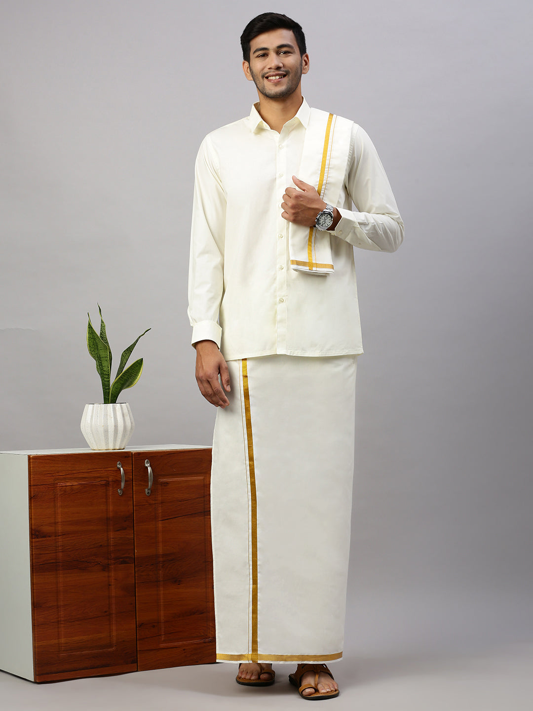 Men Full Sleeves Cream Shirt with 3/4" inch Gold Jari Border Single Layer Dhoti &Towel Combo
