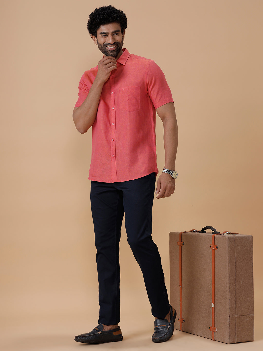 Men Pure Linen Vivid Red Shirt L14