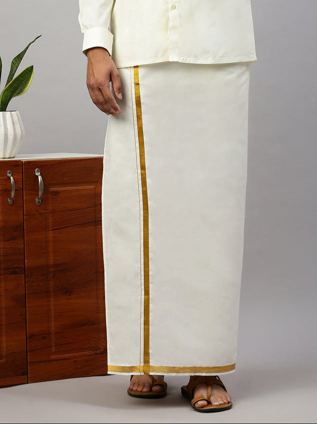 Men Cream Shirt with 3/4" inch Gold Jari Border Dhoti Towel & Belt Combo