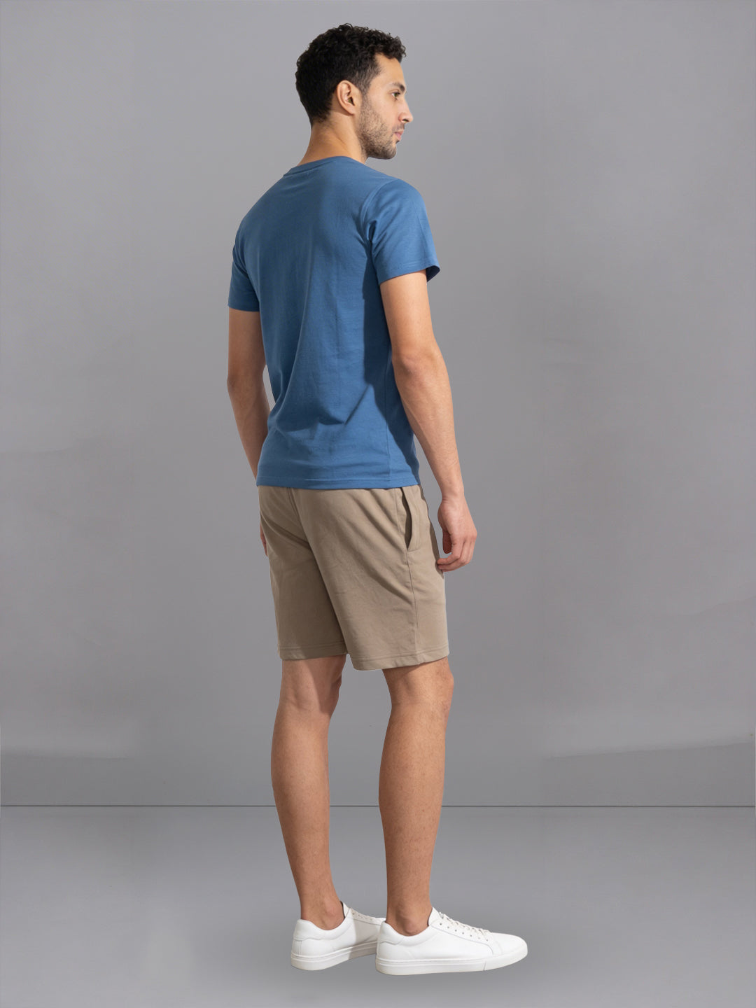 Men Petrol Blue Crew neck T-Shirt with Taupe Shorts Combo ES9