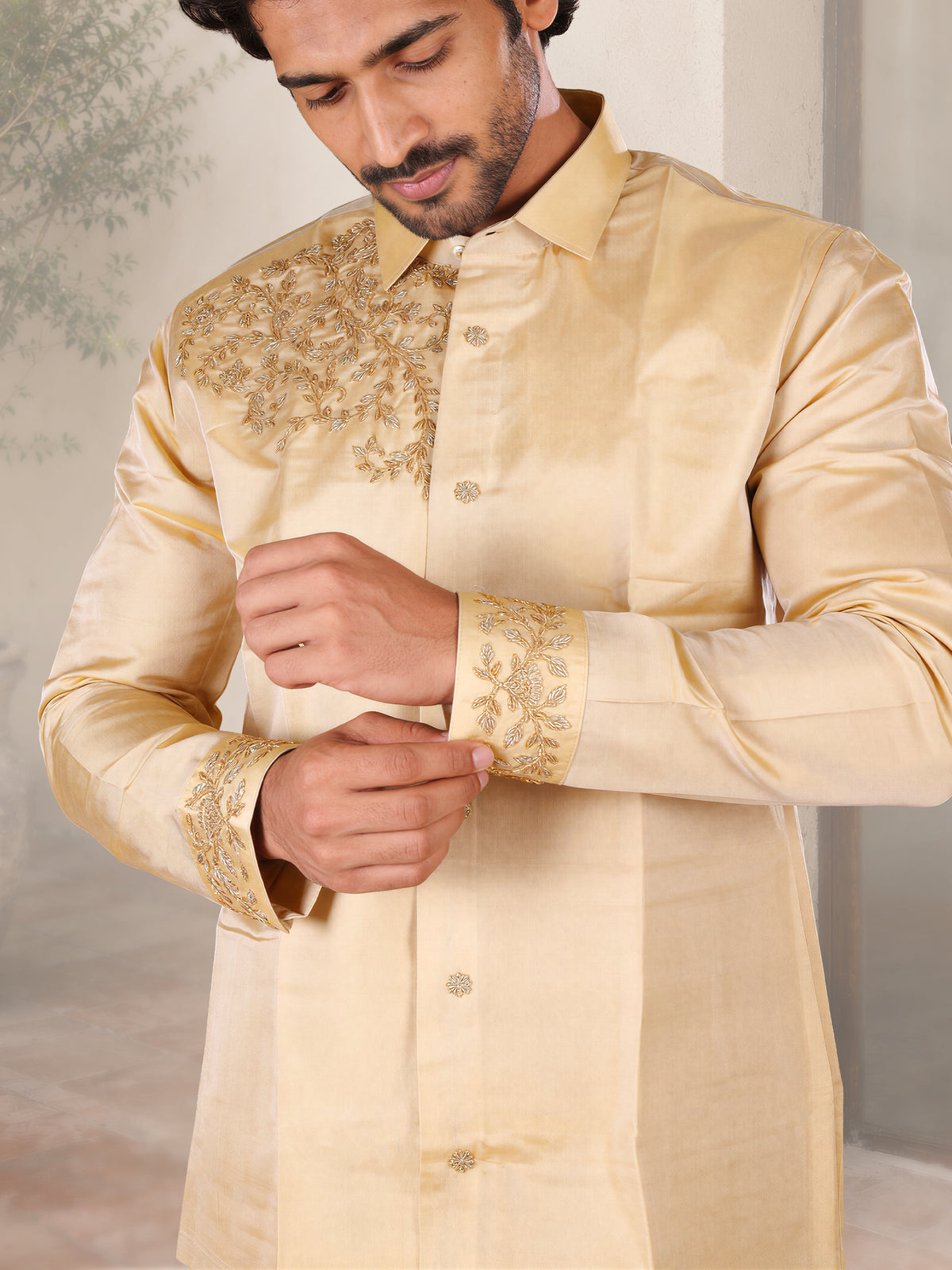 LAGNAA Premium Pure Tussar Silk Hand Embroidered Regal Leaf Chest Motif Designer Shirt & Dhoti Set | Mahavara