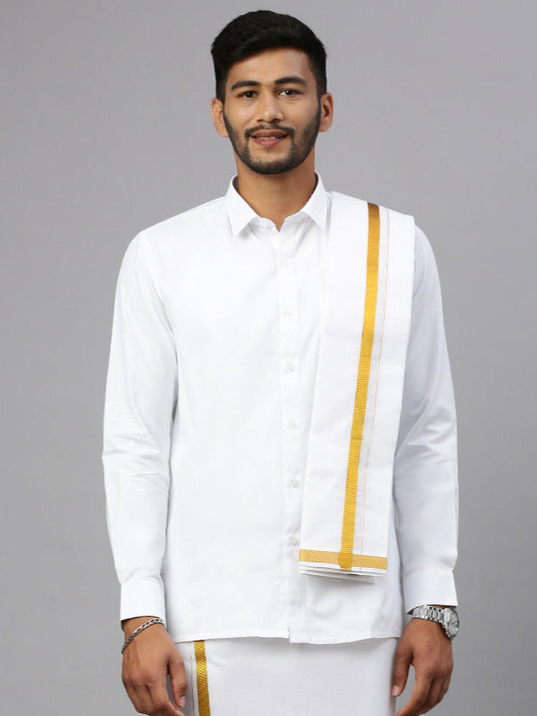 Men 100% Cotton Double Layer White Dhoti & Towel Set with 3/4" inch Gold Jari Border Kalasadan