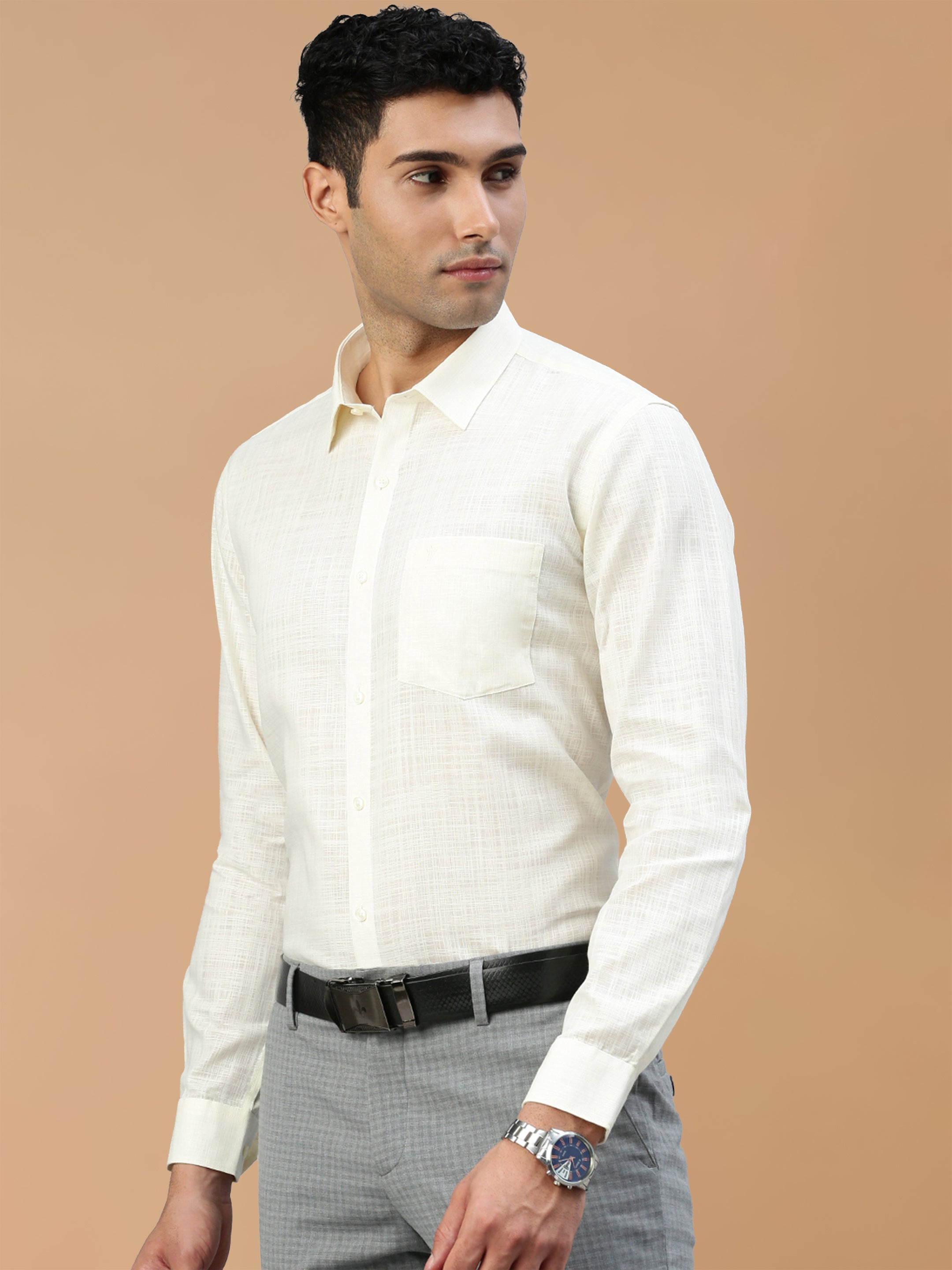 Cotton Rich Self Design Cream Regular Fit Shirt Celebrity
