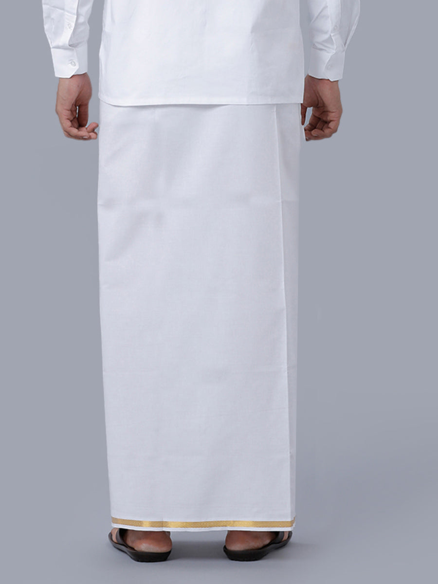 Men Cotton Blend Single Layer White Dhoti with 1/2" Gold Jari Border Silver Sun