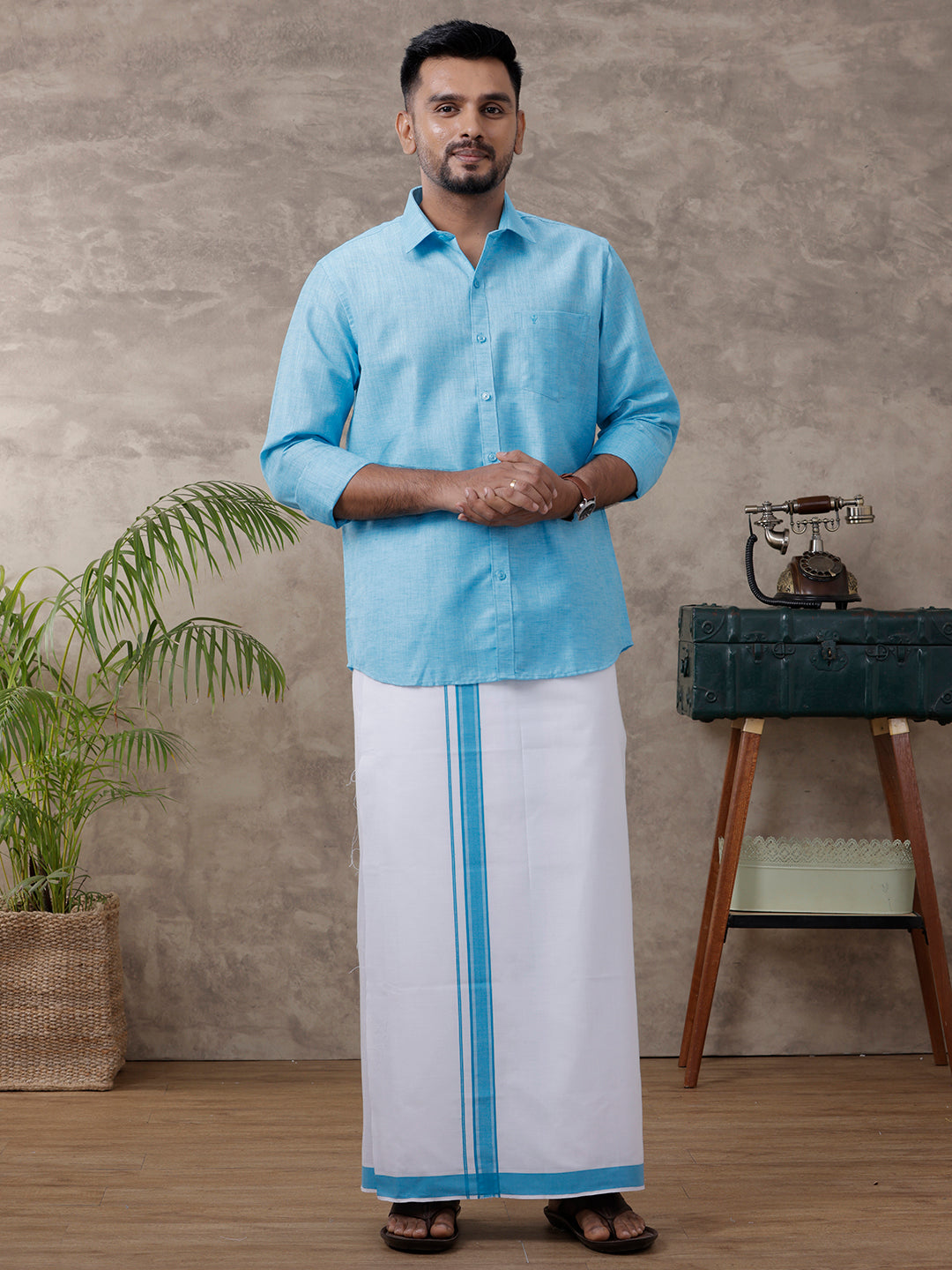 Men Matching Border Dhoti & Shirt Set Blue C11
