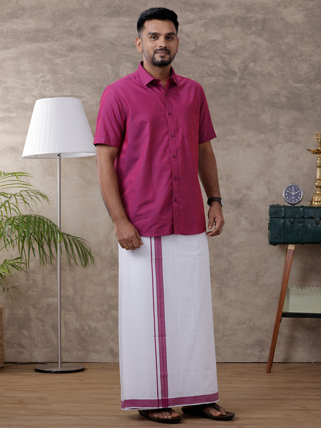 Men Magenta Matching Border Dhoti & Half Sleeves Shirt Set Evolution IC3