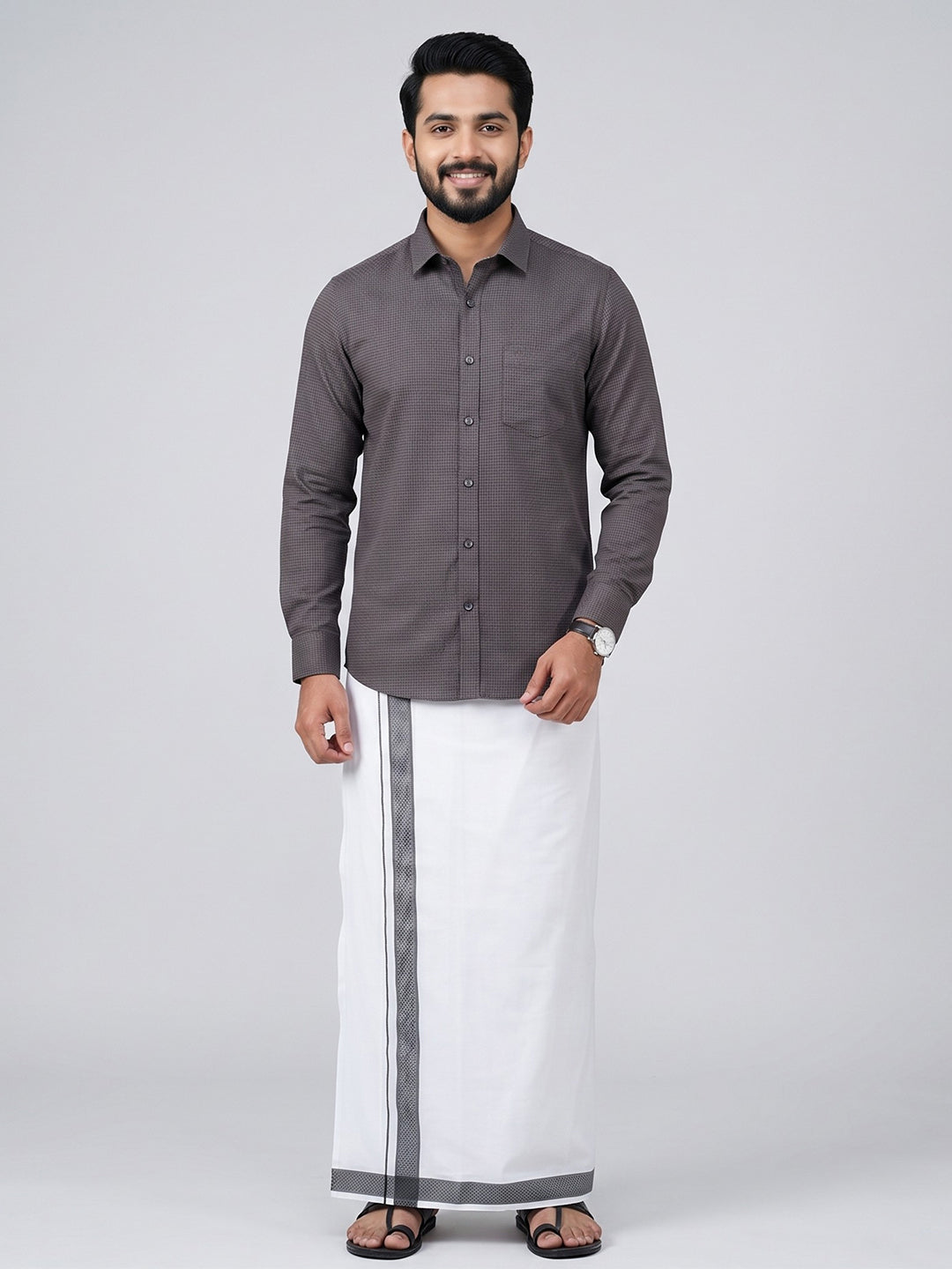 Men Greyish Black Matching Border Dhoti With Printed Shirt Set Windsor HNJ7