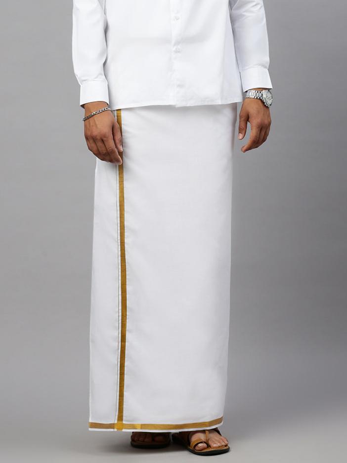Men Cotton Blend Double Layer White Dhoti with 3/4" Gold Jari Border Goldsmith