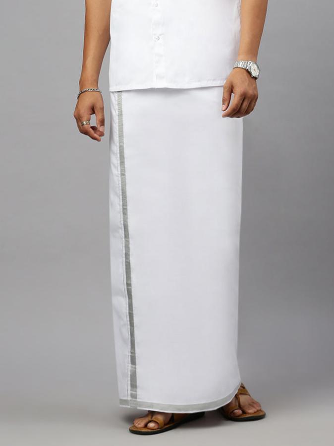 Men Cotton Blend Double Layer Dhoti White Dhoti with 1" Jari Border Silver Heart