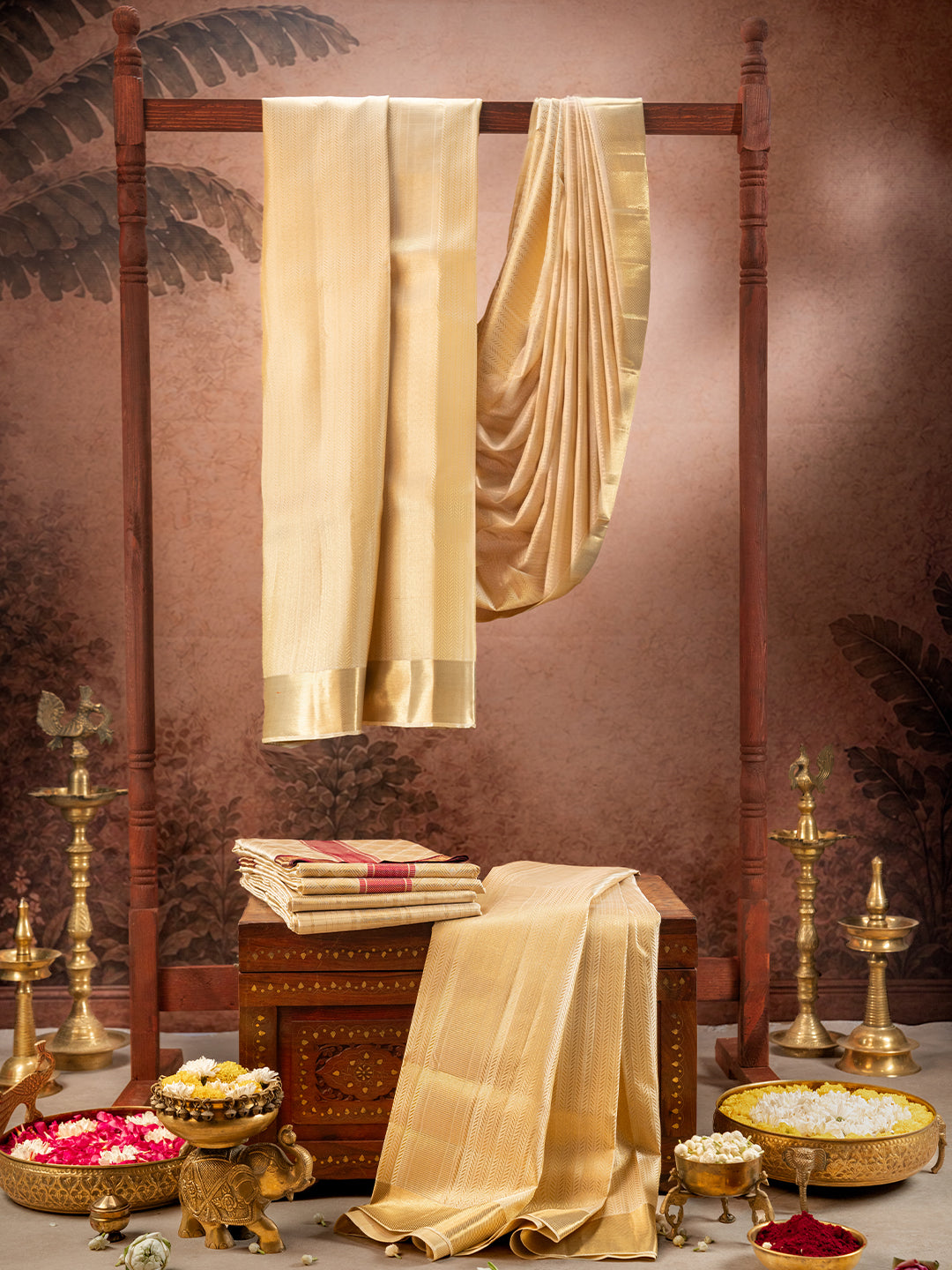 Pure Silk 4½" Fawn Dhoti & Towel Wedding Set – Amirtham Half Fine Jari Self-Weave Design