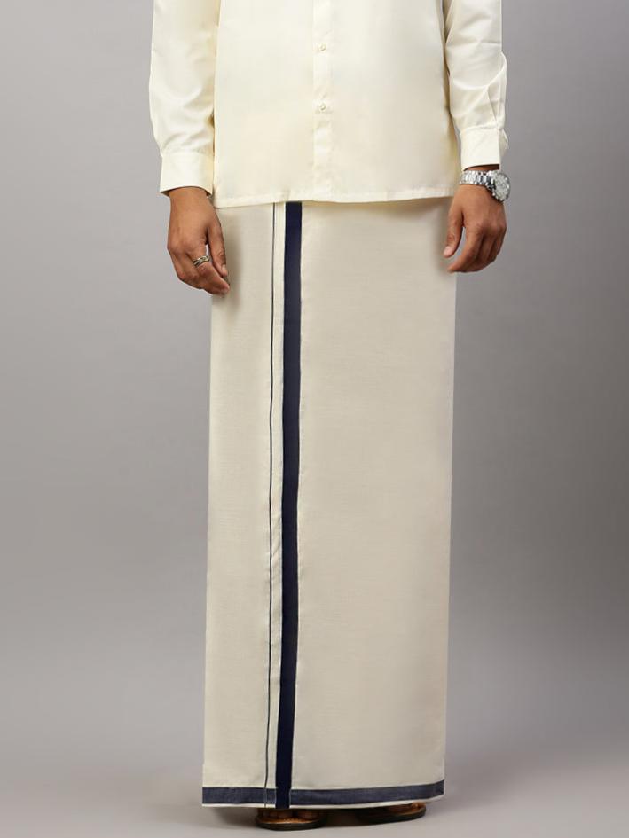 Men Kora Cotton Double Layer Dhoti with Navy Fancy Border LS03