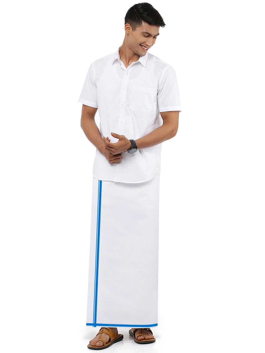 Mens White Single Dhoti with Blue Small Border Akill-Side view