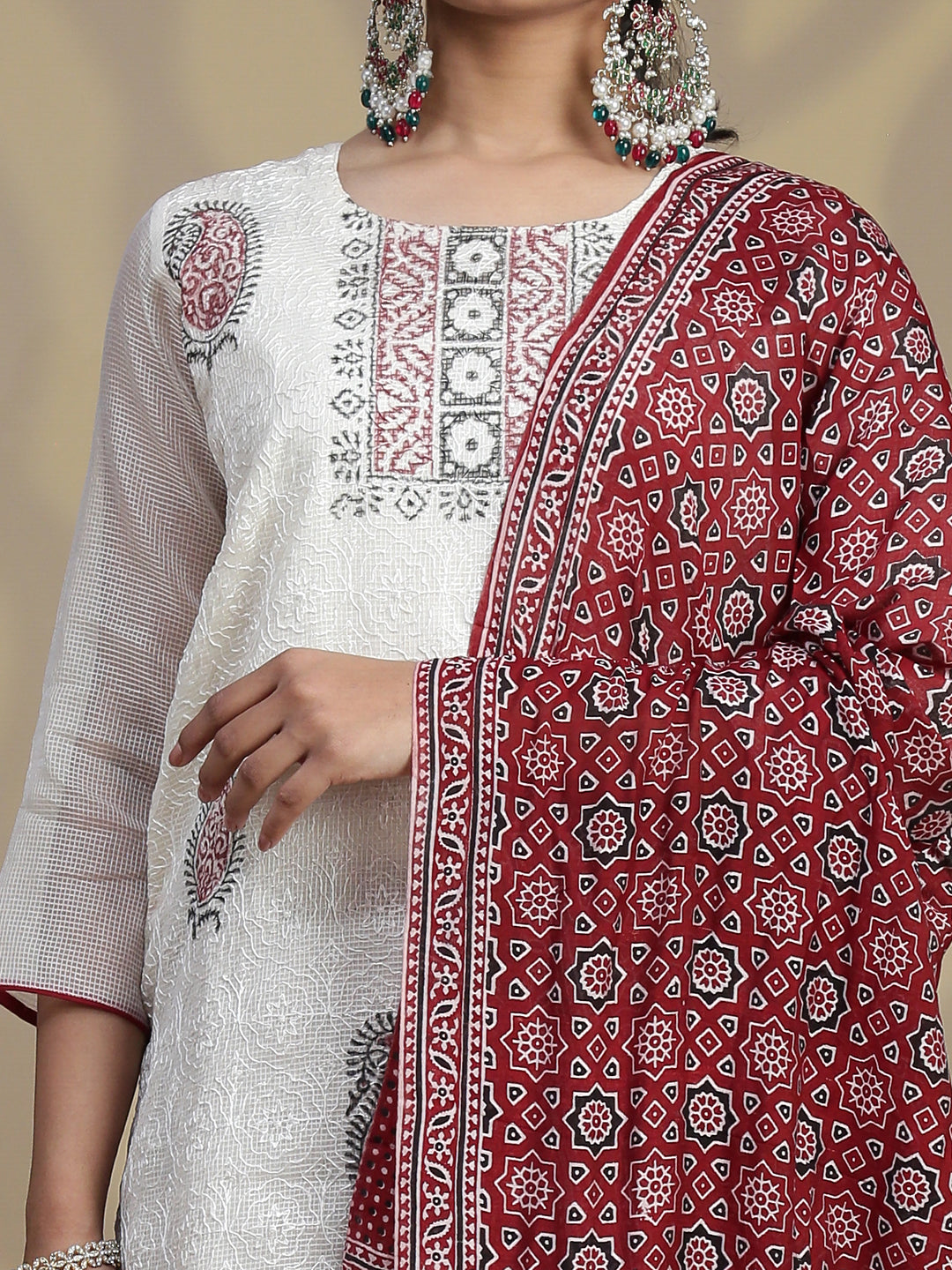 Women Cream MM Silk Printed Kurti Set EKS110