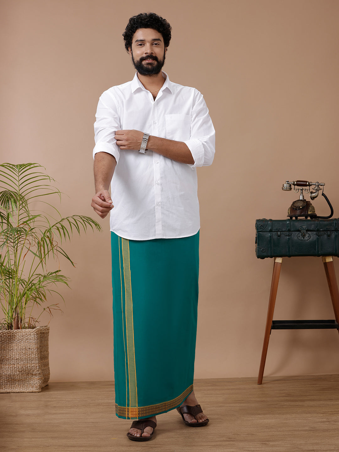 Men Cotton Blend Single Layer Green Dhoti with Fancy Border Enchant Colour 2 EC03