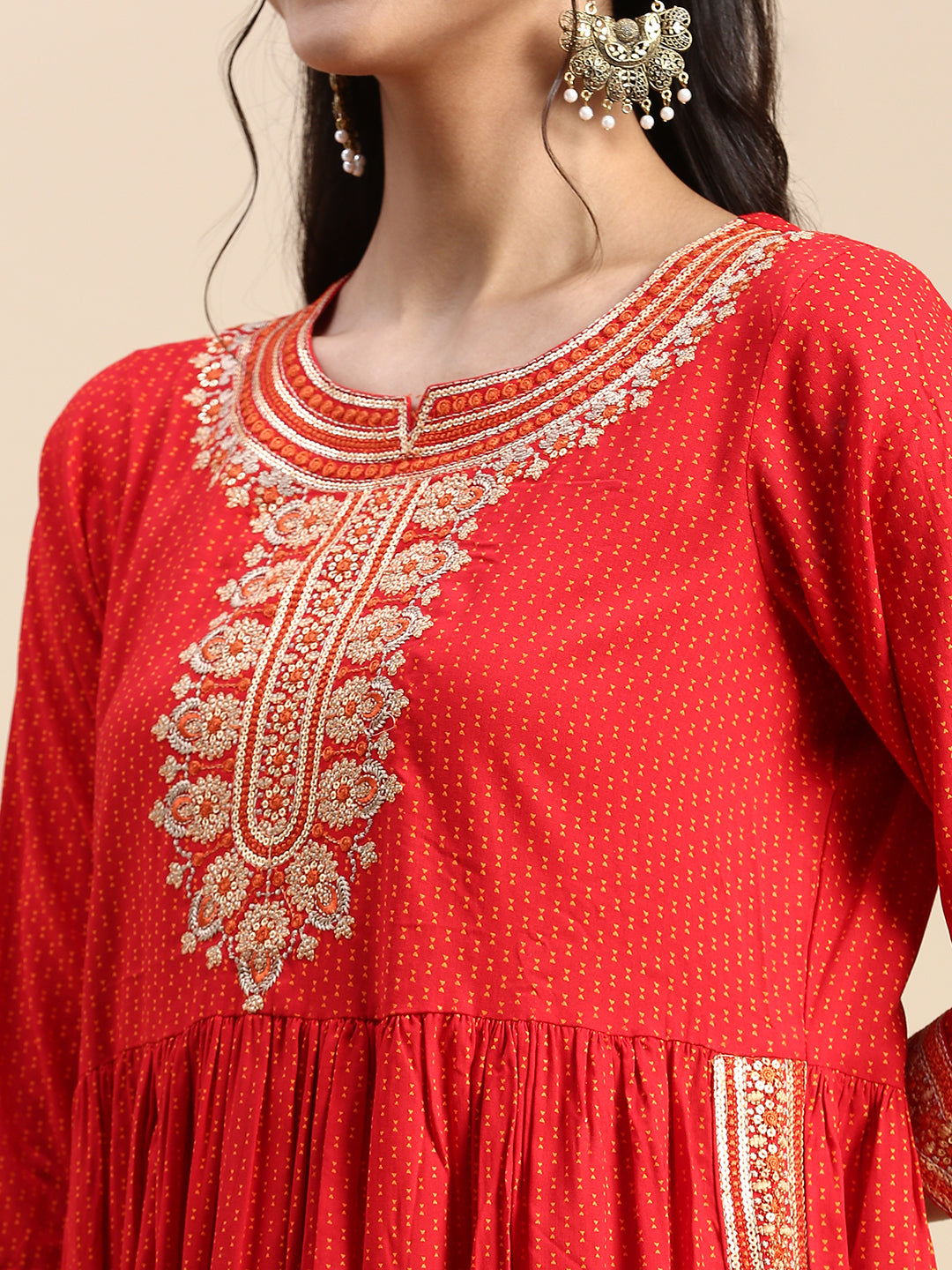 Women Cotton Red Print & Embroidered Kurti Set PKS13-Zoom view