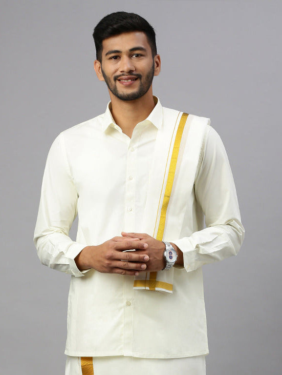 Men Cream Angavashtram Towel with 1" inch Gold Jari Border Vetha