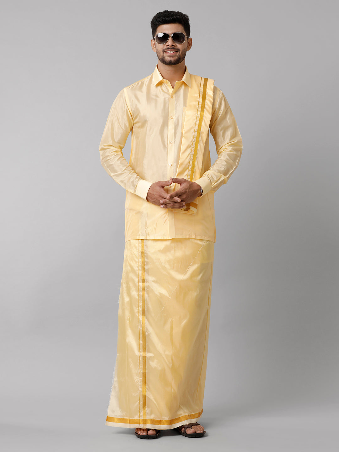 Mens Art Silk Pink Shirt Dhoti Towel Set Swayamvara-Front view