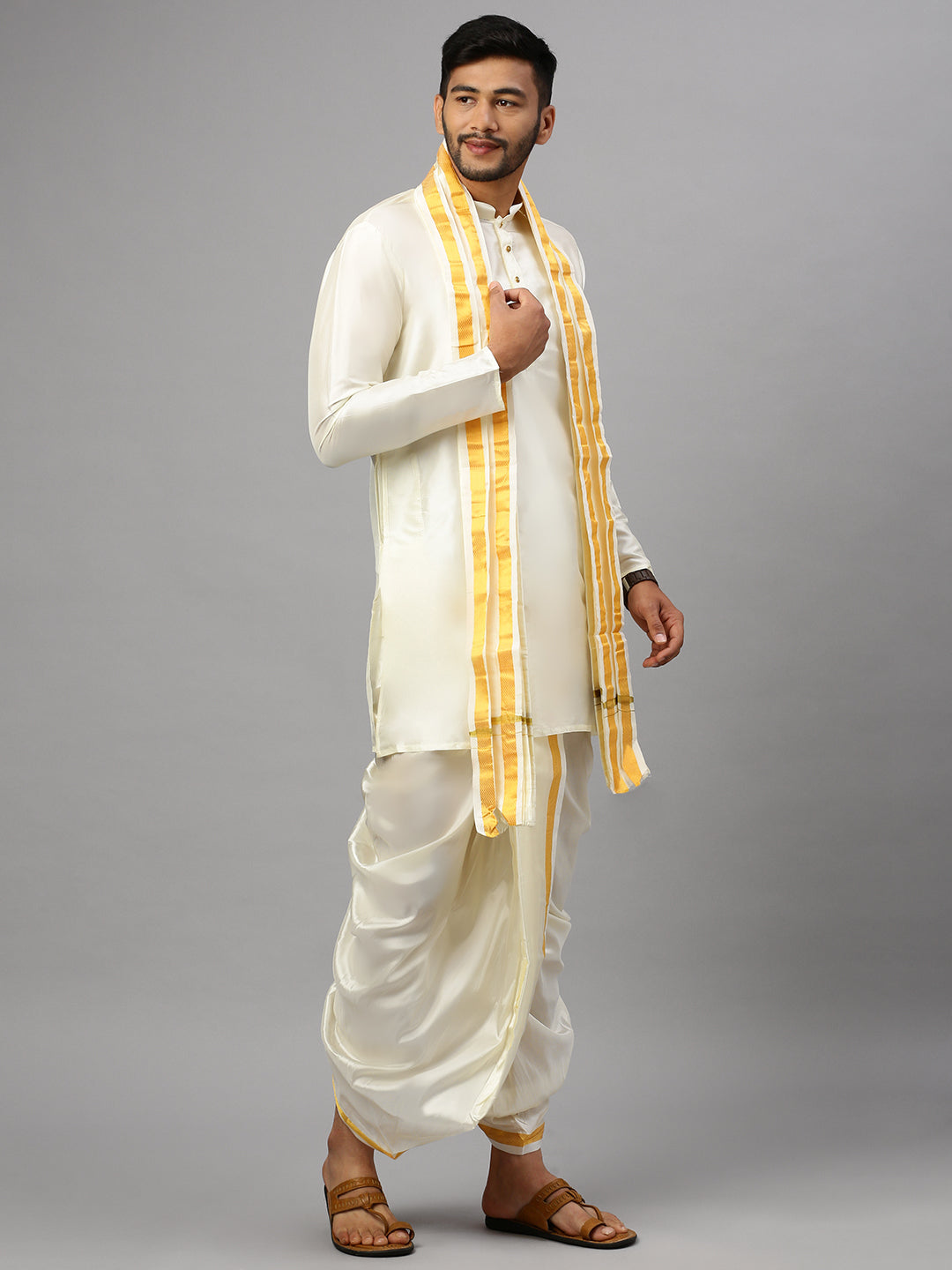 Mens Pure Silk Kurta with Readymade Panchakacham & Towel 1" Border Set
