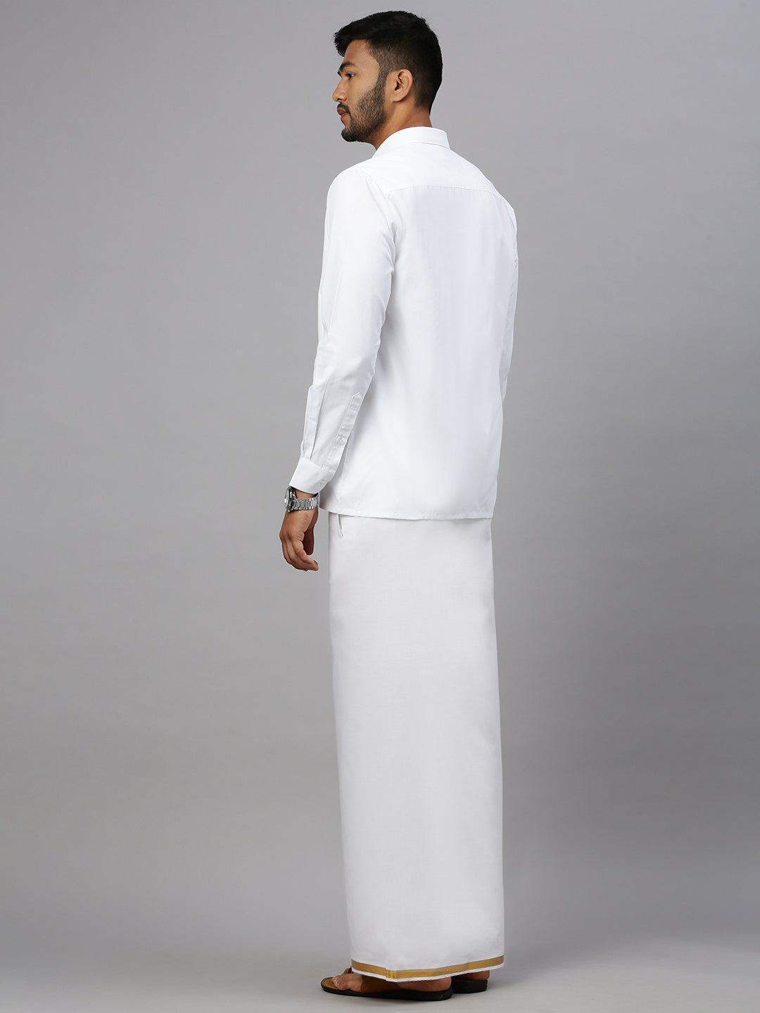 Men Cotton Blend Single Layer White Dhoti with 1/2" Jari Border Gold Tree
