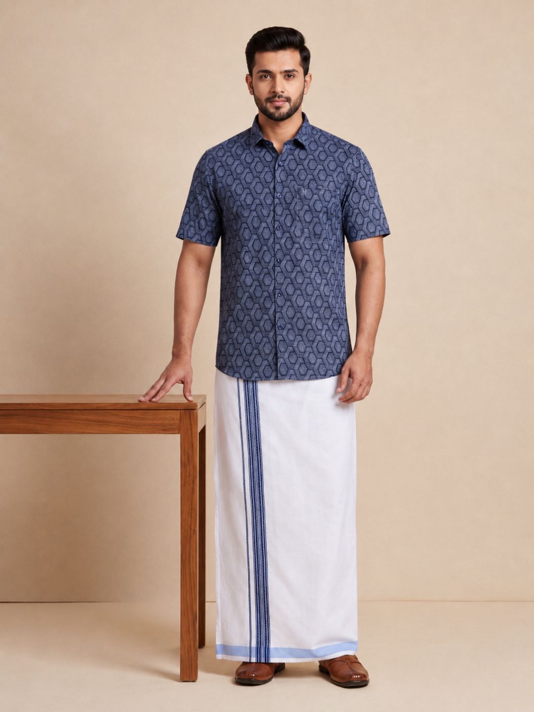 Men Navy Blue Matching Border Dhoti With Printed Shirt Set Fusion PS25