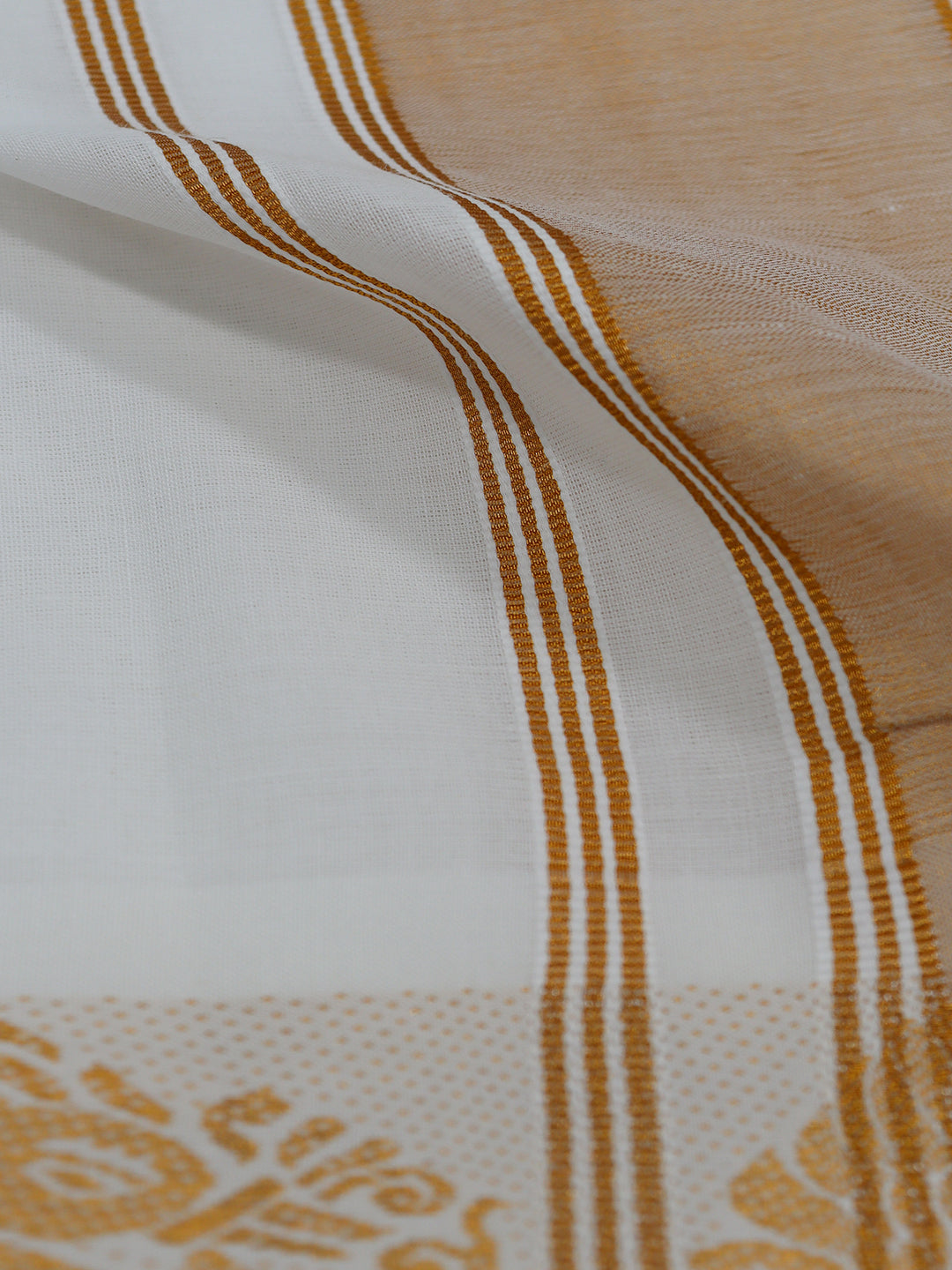 Men White Cotton Gold Fancy Jari Border Panchakacham with Angavasthram (9+5) Pet