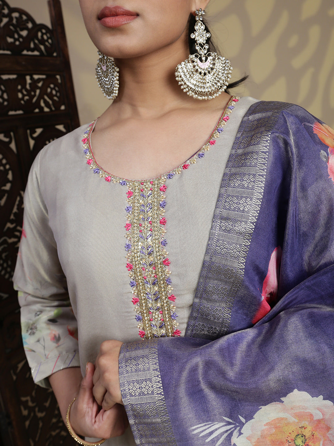 Women Beige Grey MM Silk Printed Kurti Set EKS100