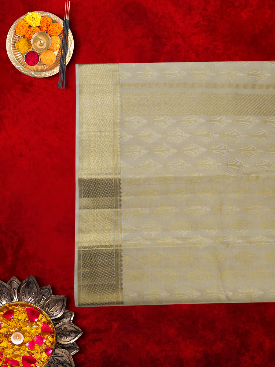 Mens Pure Silk Fawn 4" Gold Jari Border Dhoti with Towel Amirtham-view four