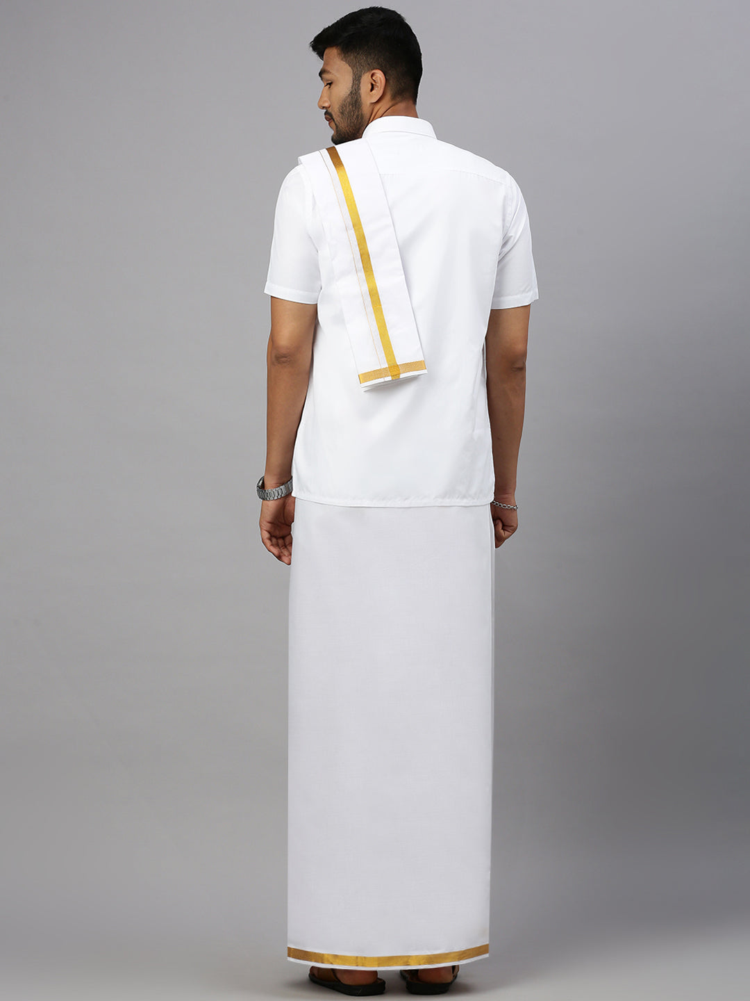 Men 100% Cotton Double Layer White Dhoti &Towel Set with 1/2" Inch Gold Jari Border Kalasadan