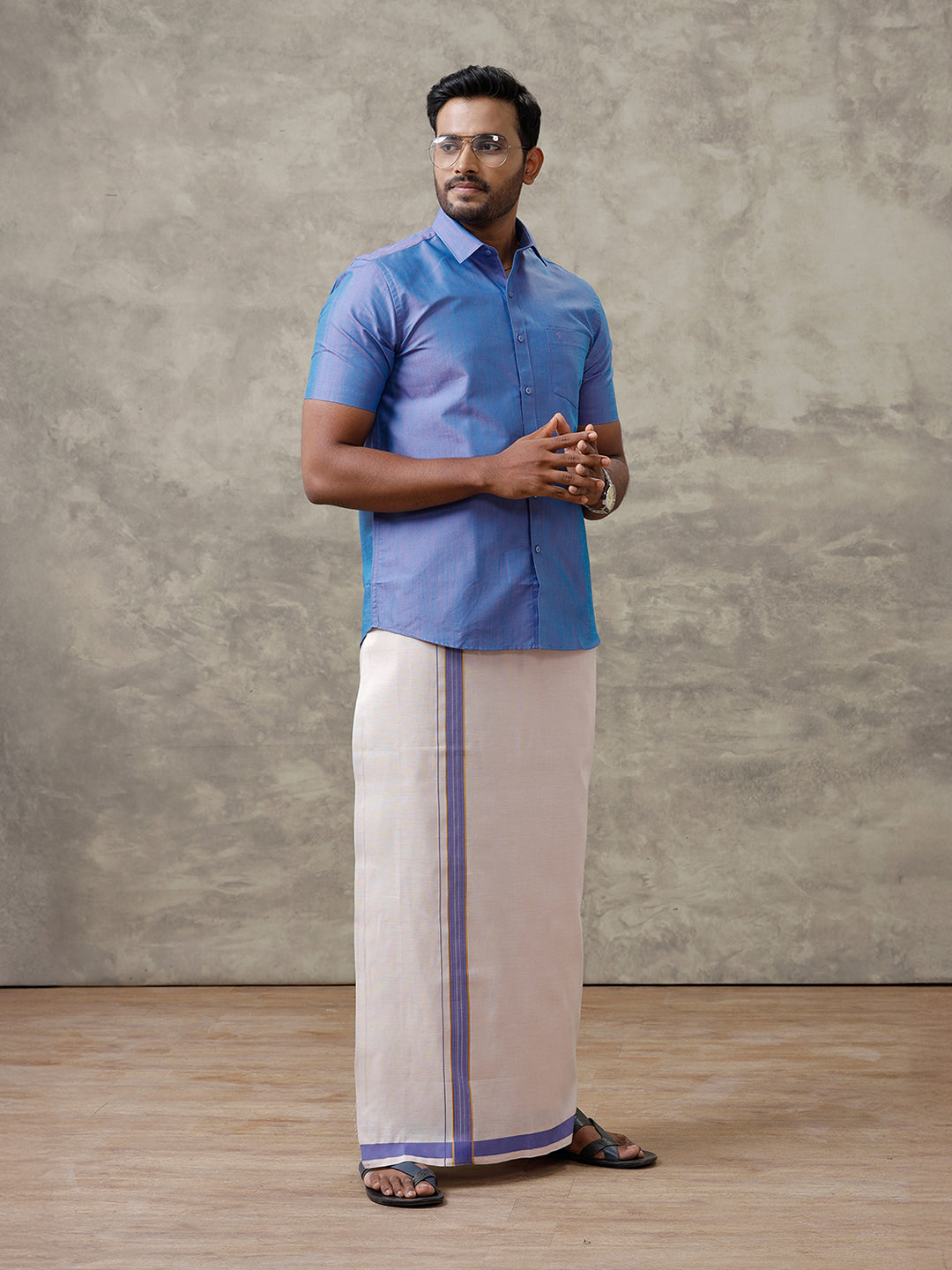Men Cotton Blend Royal Blue Shirt and Tissue Dhoti Set VB5