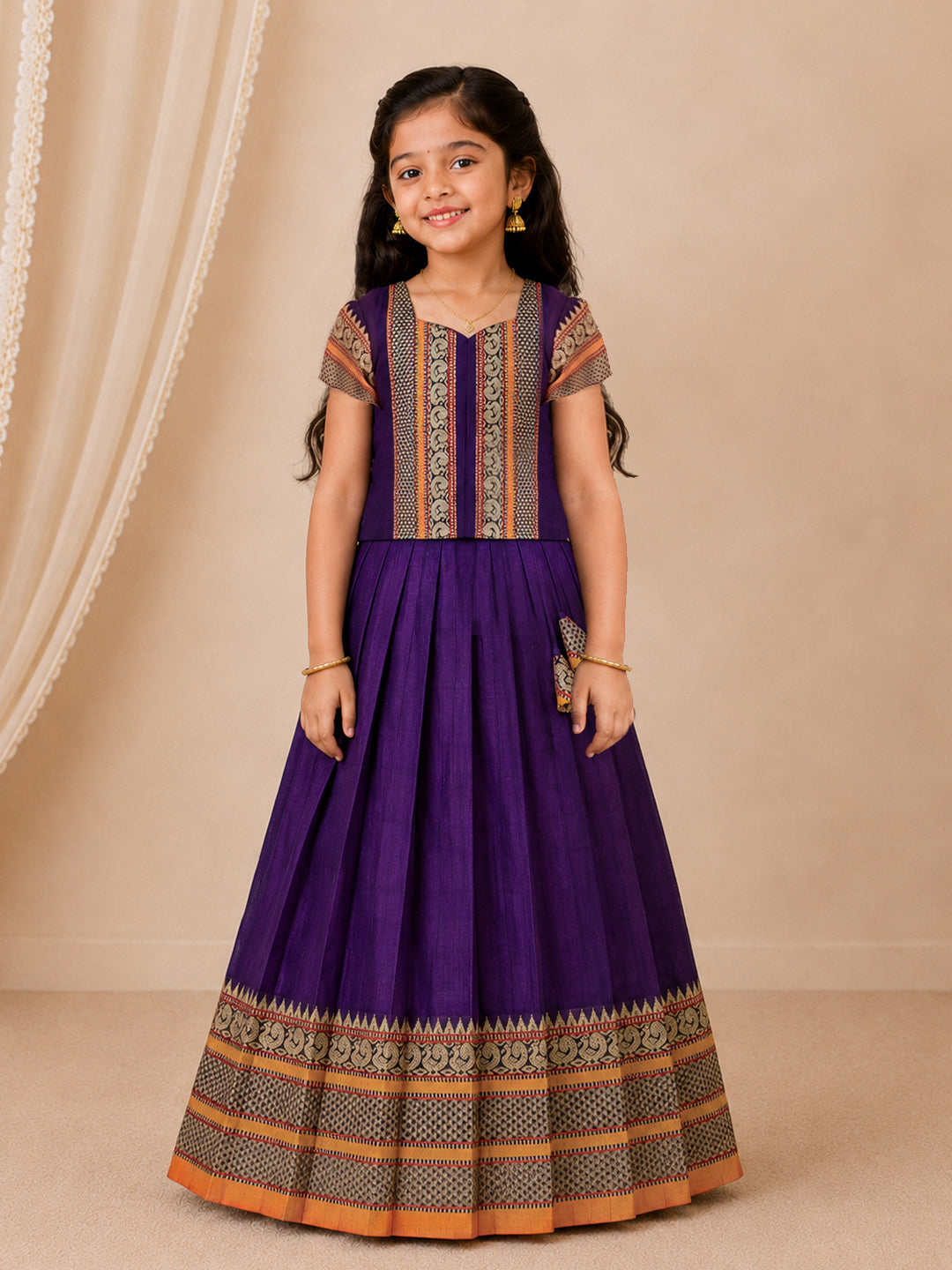 Girls Cotton Purple Pattu Pavadai Set GPS46