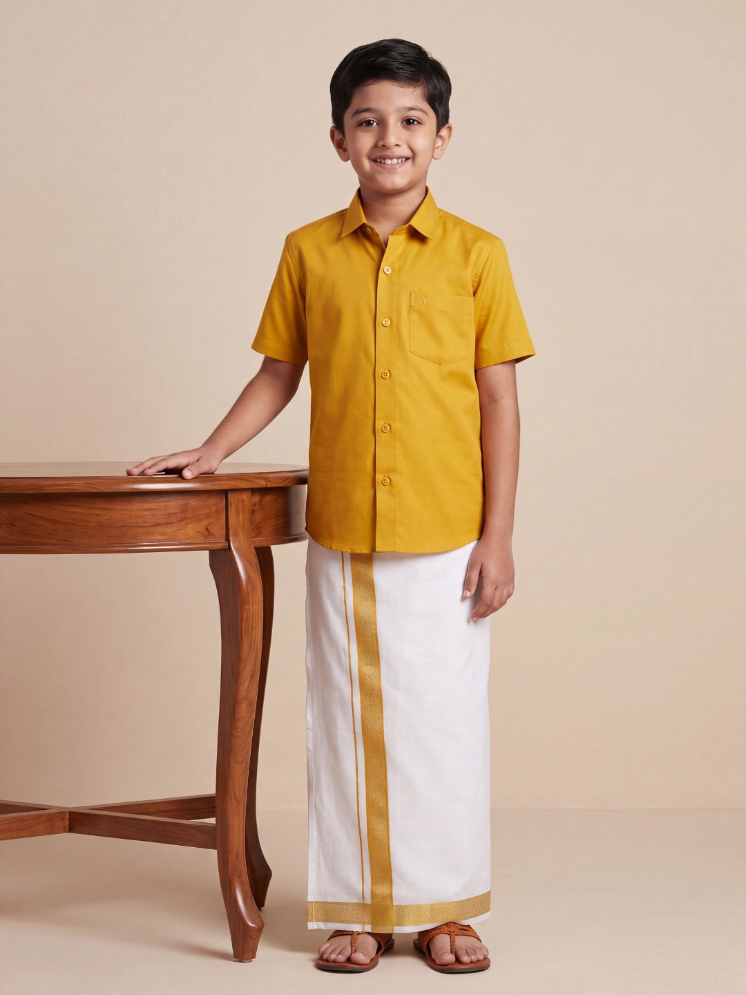 Boys 100% Cotton Orange Shirt and Fancy Border Dhoti Set BT4