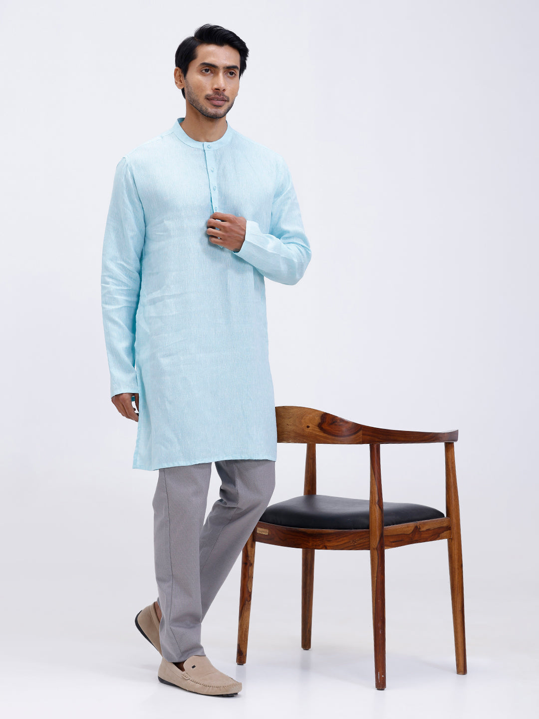 Men Pure Linen Medium Length Plain Pocket Kurta Light Mint Blue KAL4