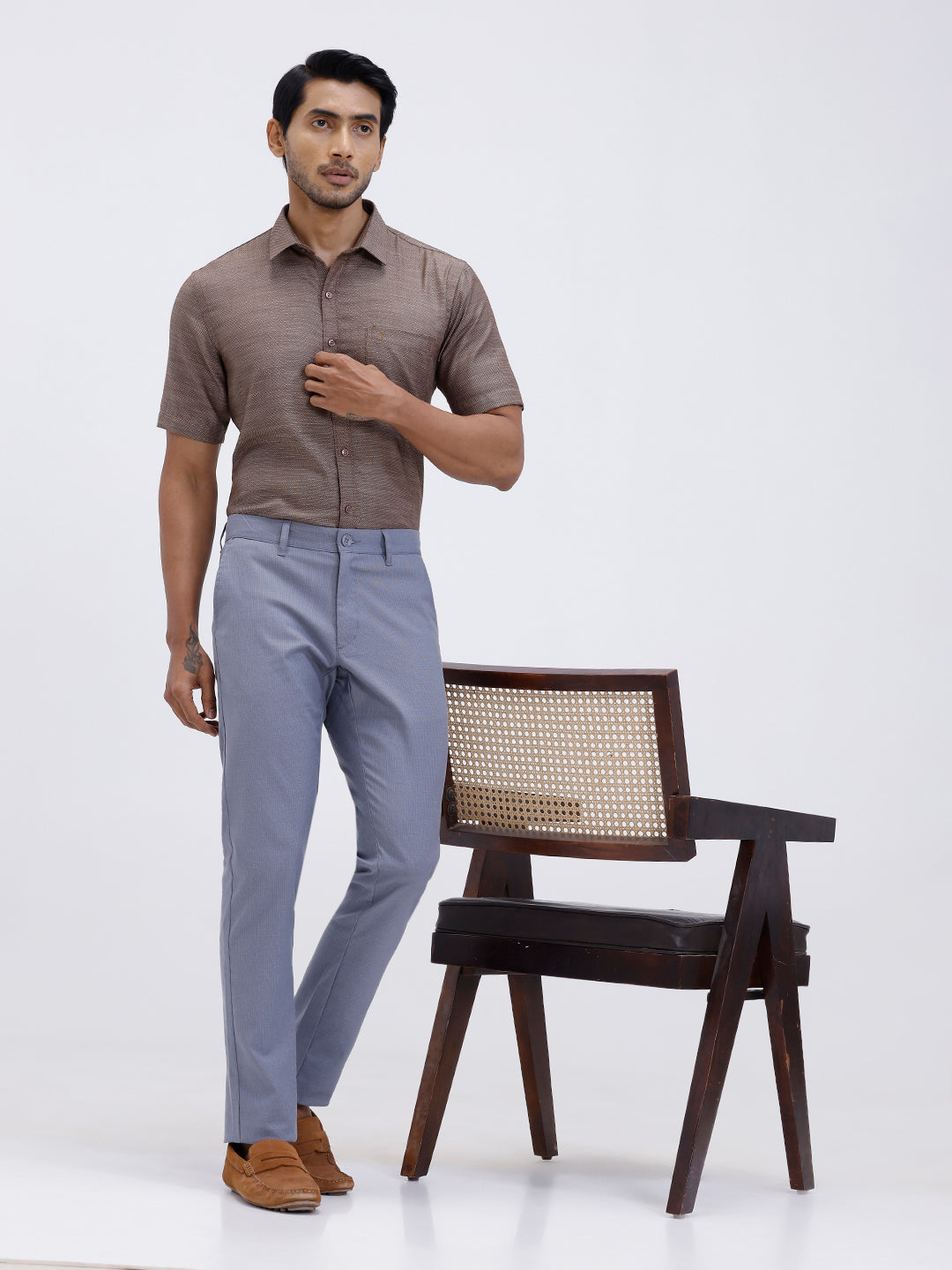 Men Cotton Rich Half Sleeve Shirt Brown Dobby T59 AIT4