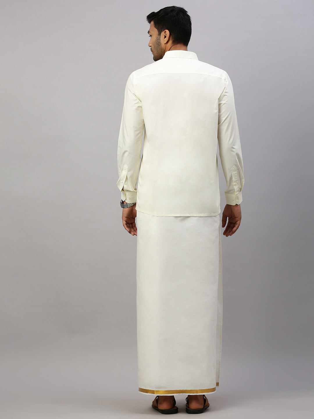 Men Cotton Blend Readymade Double Layer Cream Dhoti with Gold Jari Border C428