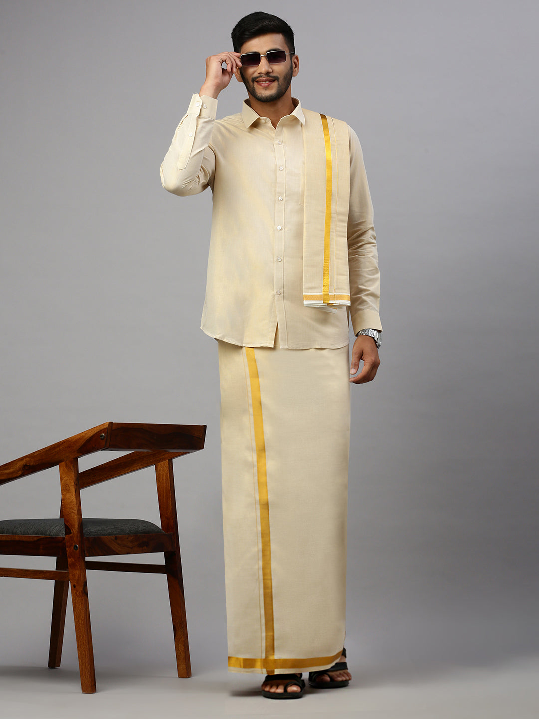 Men Tissue Gold Full Sleeve Shirt Jari Dhoti & Towel Set