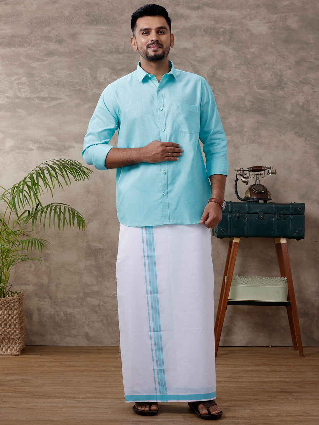 Men Matching Border Dhoti & Shirt Set Blue C50