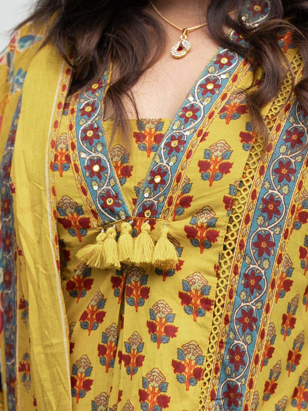 Women Pure Cotton Printed Mustard Kurti Set EKS97