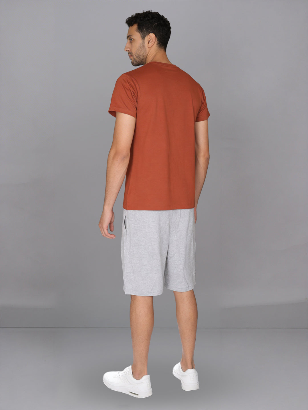 Men Orange Crew neck T-Shirt with Grey Shorts Combo ES3