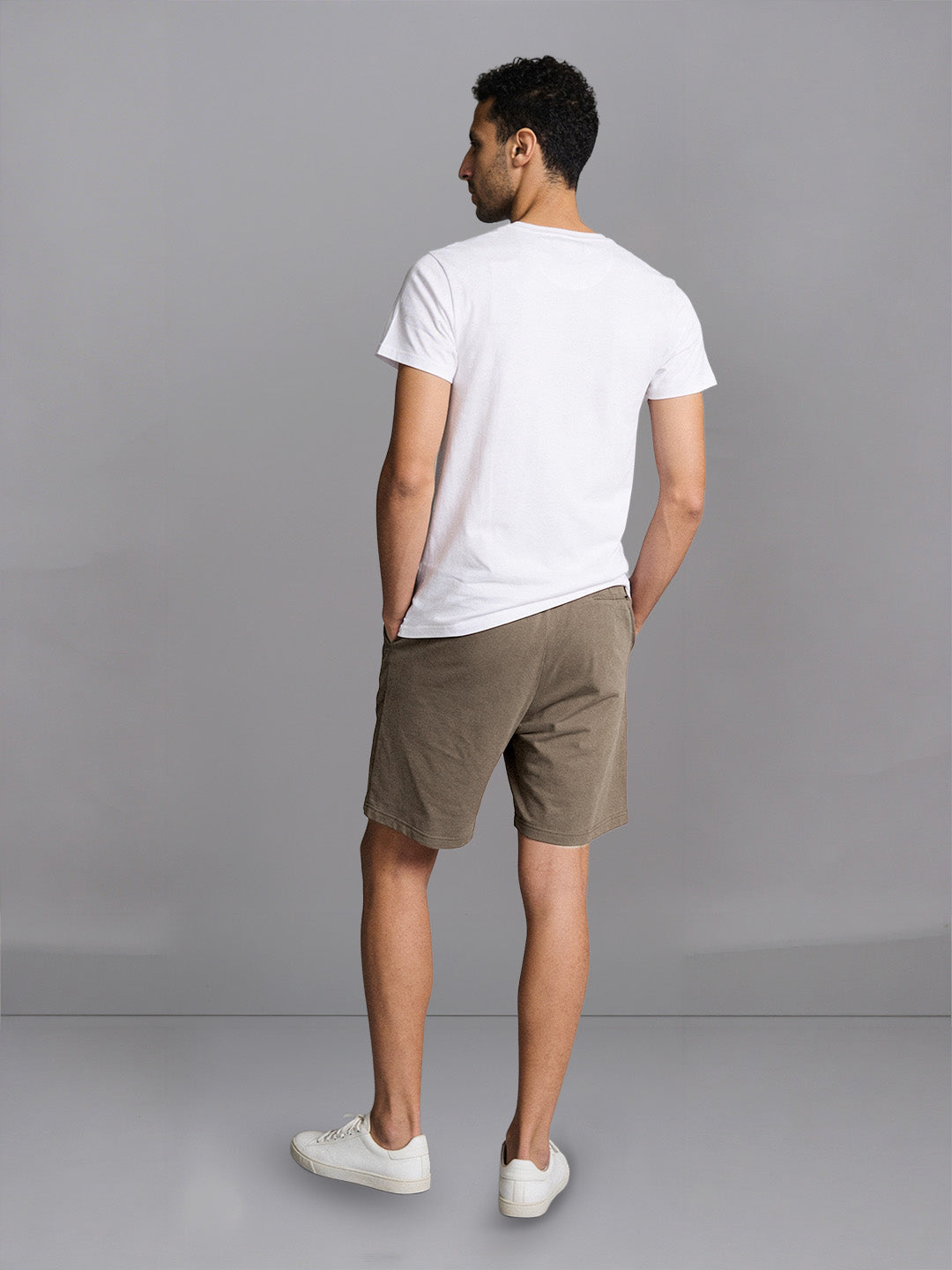 Men White Crew neck T-Shirt with Taupe Shorts Combo ES9
