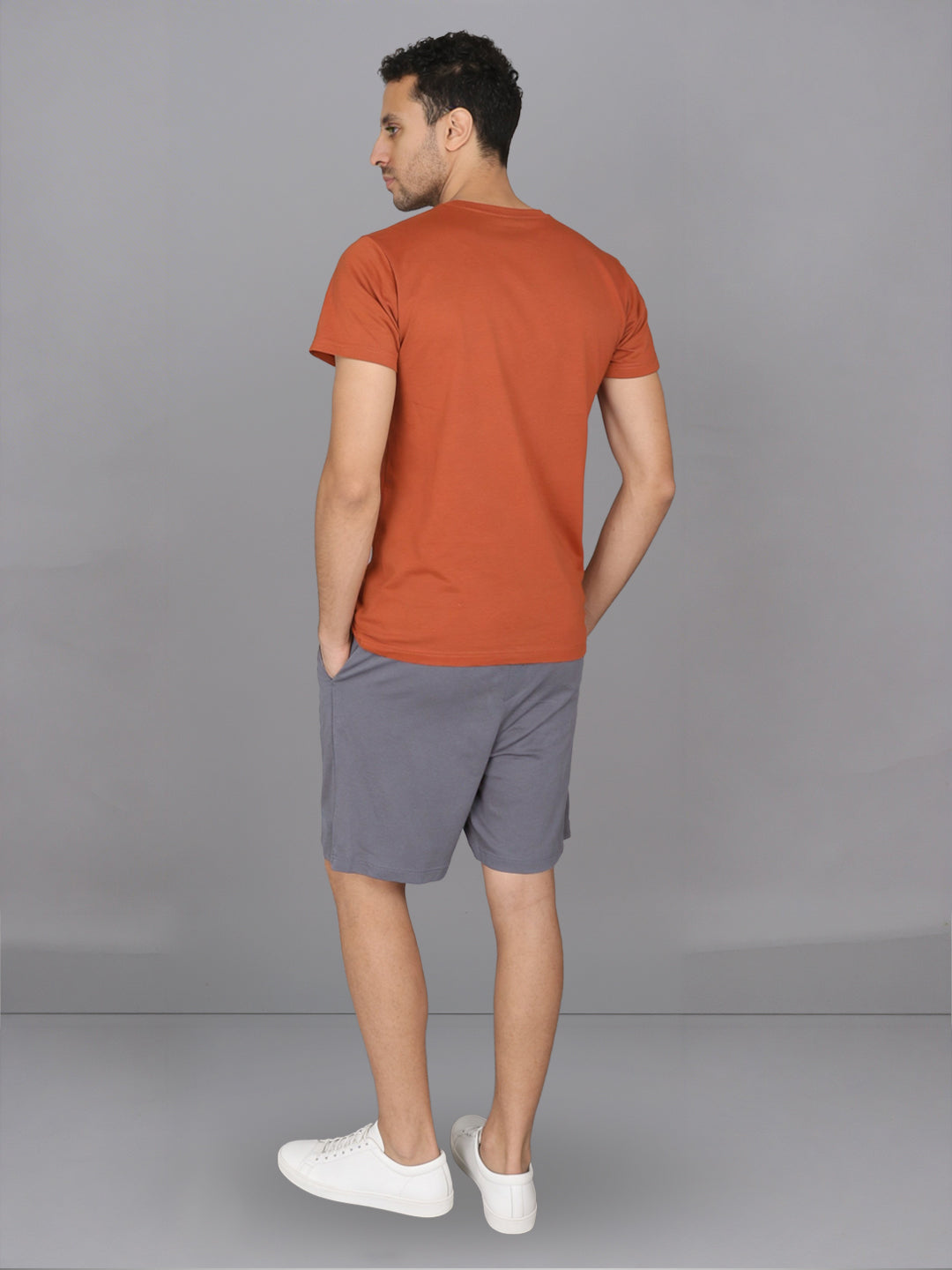 Men Orange Crew neck T-Shirt with Grey Shorts Combo ES5