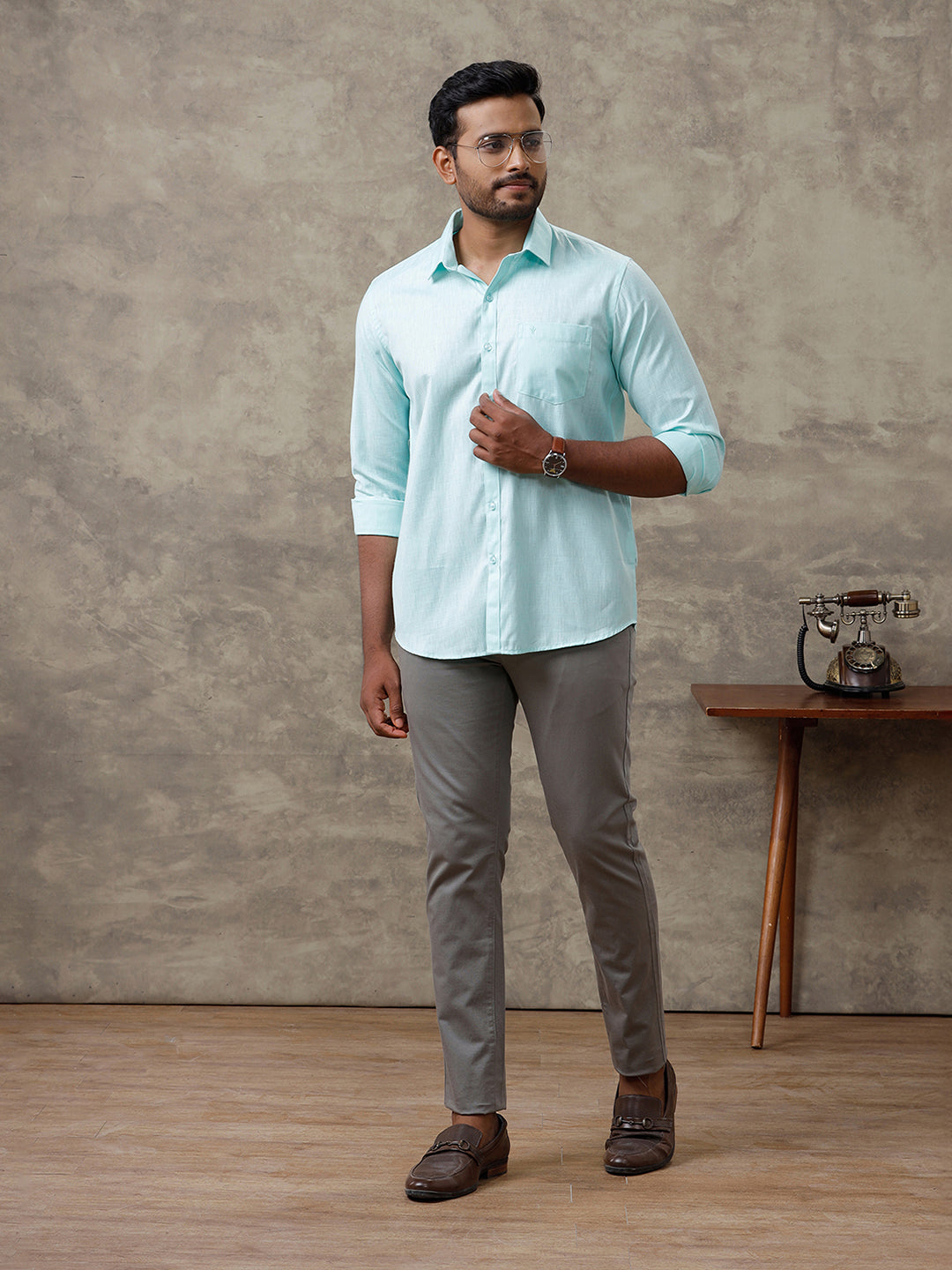 Men Cotton Rich Shirt Light Green T44 TT5