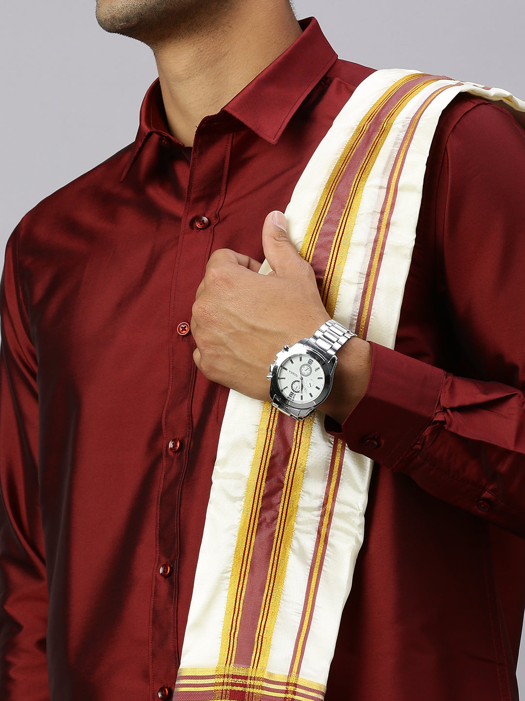 Men Full Sleeves Maroon Shirt with Matching Border Cream Dhoti & Towel Set K7