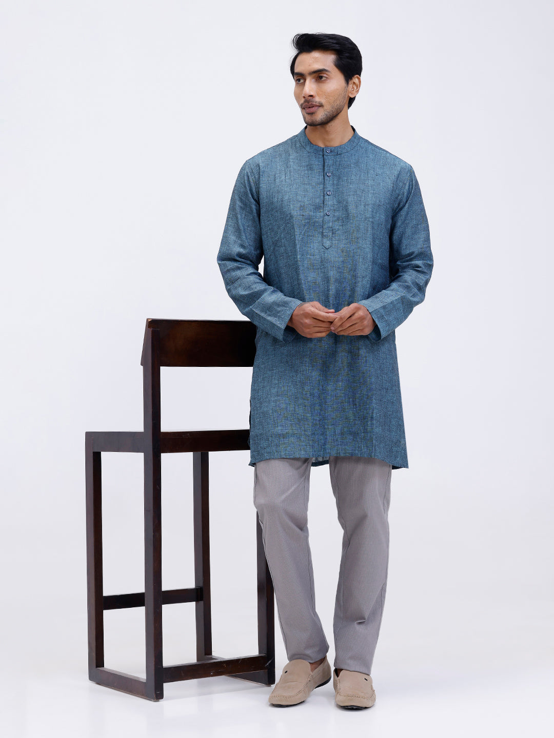 Men Pure Linen Medium Length Plain Pocket Kurta Greenish Blue KAL2