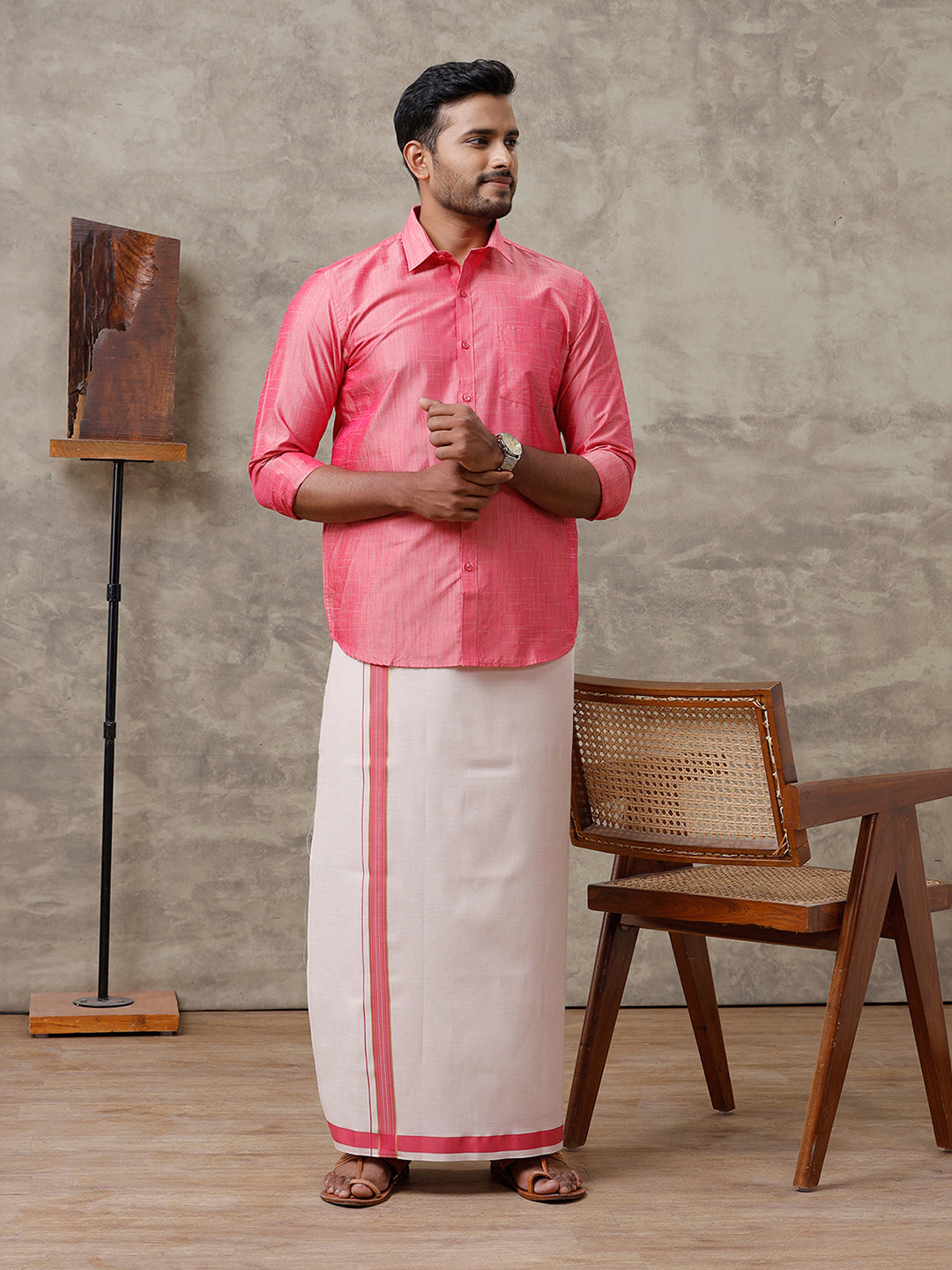 Men Cotton Blend Pink Shirt and Tissue Dhoti Set VB3