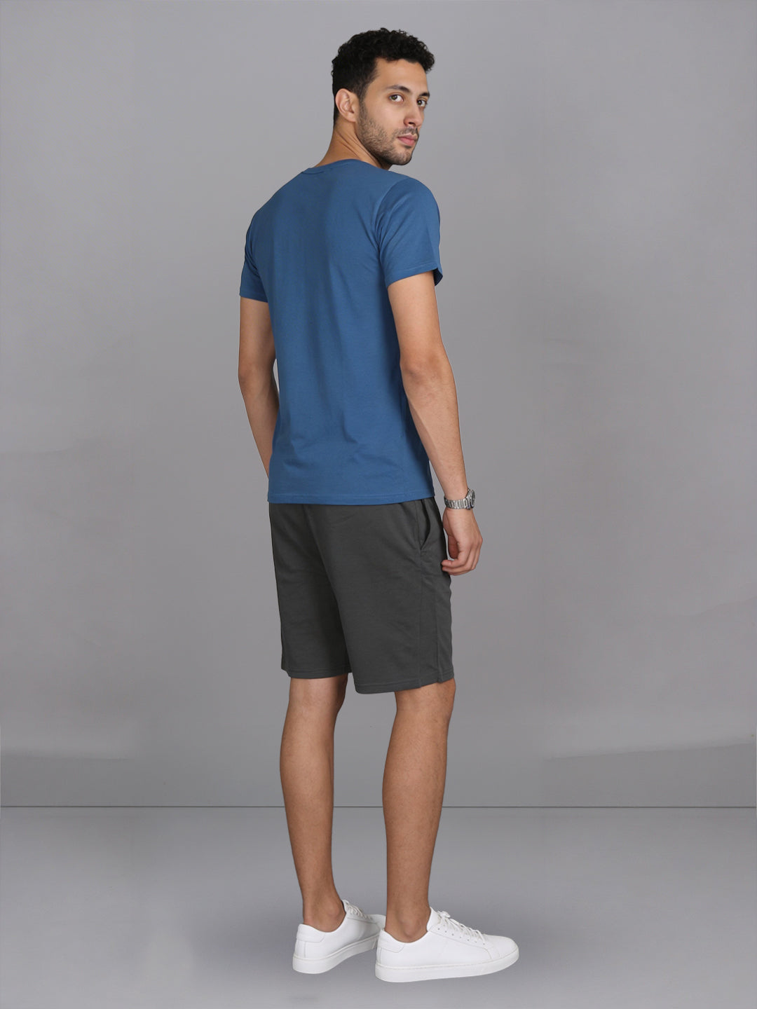 Men Petrol Blue Crew neck T-Shirt with Grey Shorts Combo ES5