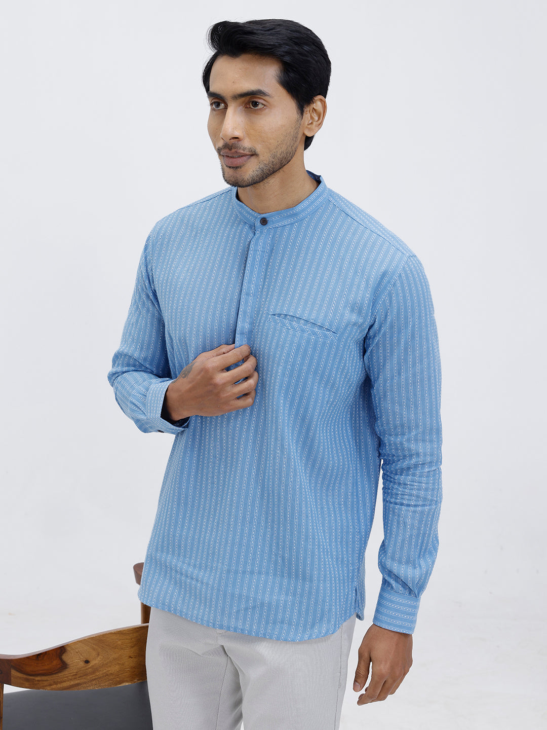 Men Cotton Short Length Striped Pocket Kurta Bright Blue RK59